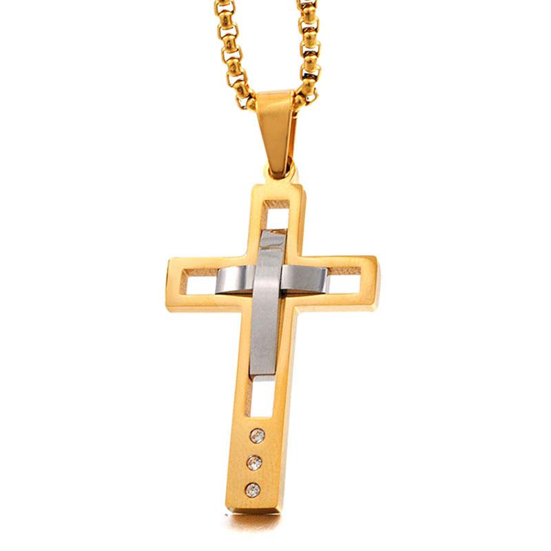 

Pendant Necklaces Anniversary Father Jewelry Two Tone Gold Color Cross Mens' & Necklace Punk Stainless Steel Crystal Stone Crucifix P749