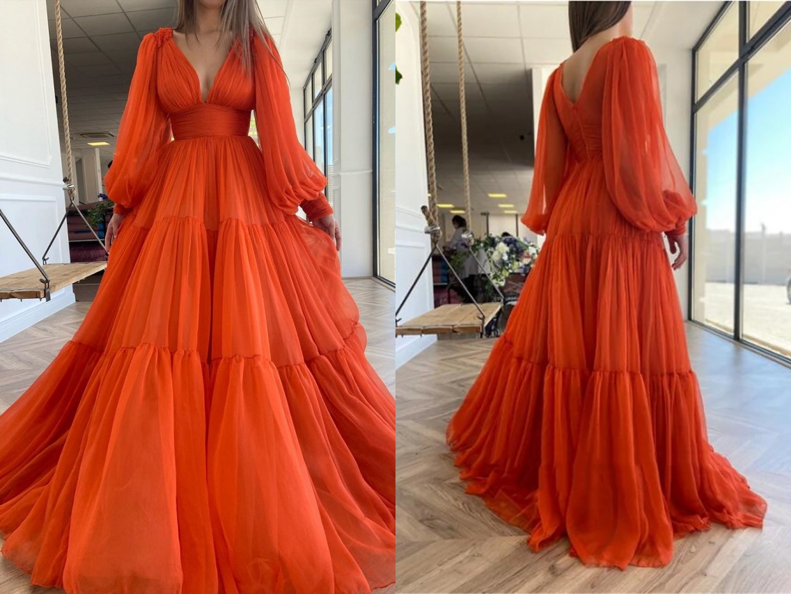 

Vintage Orange V neck Prom Evening Dresses Formal Gowns Boho Long Poet Sleeves PLeated A line Chiffon Bridesmaid Pageant Dresess, Pink