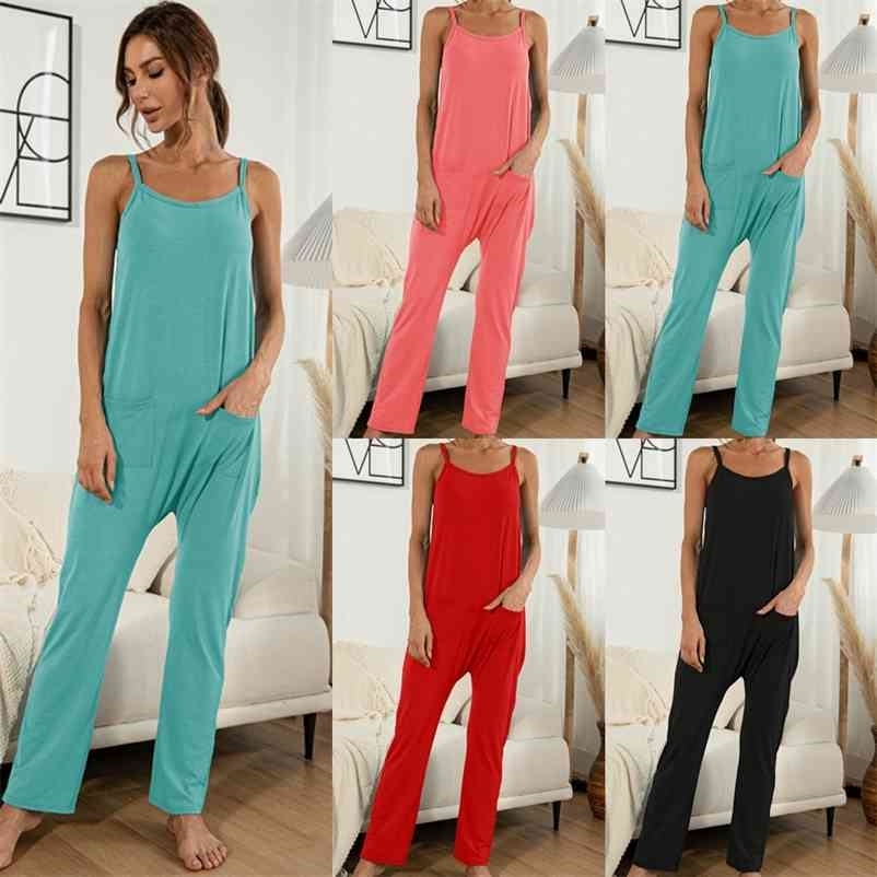 

Summer long jumpsuits women Rompers sexy open back suspender pocket jumpsuit casual overalls for 210517, Black