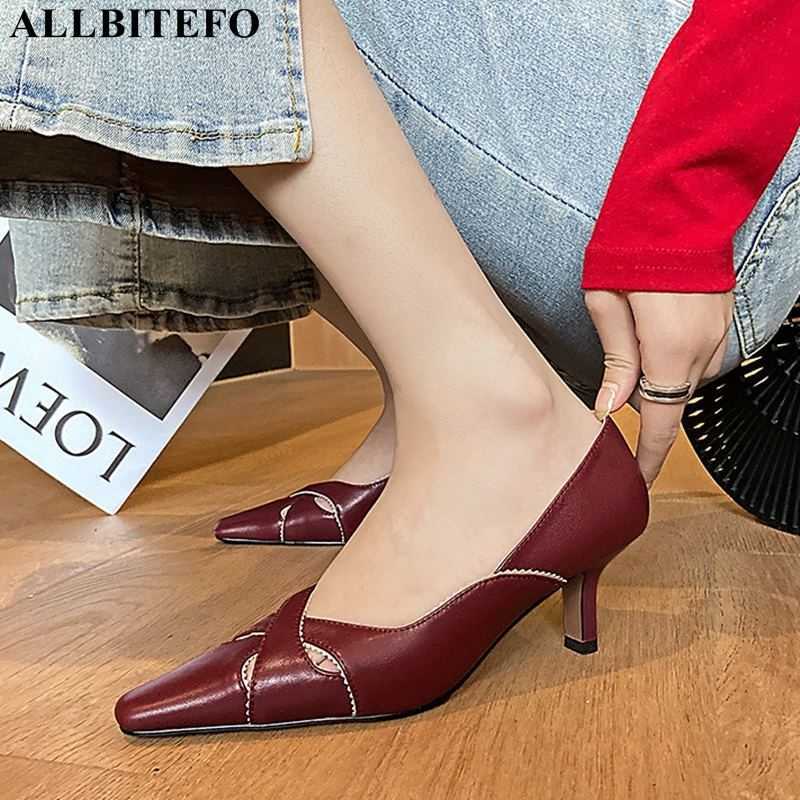 

ALLBITEFO fashion retro genuine leather square toe brand high heels party women shoes thin heels office ladies shoes women heels 210611, As picture