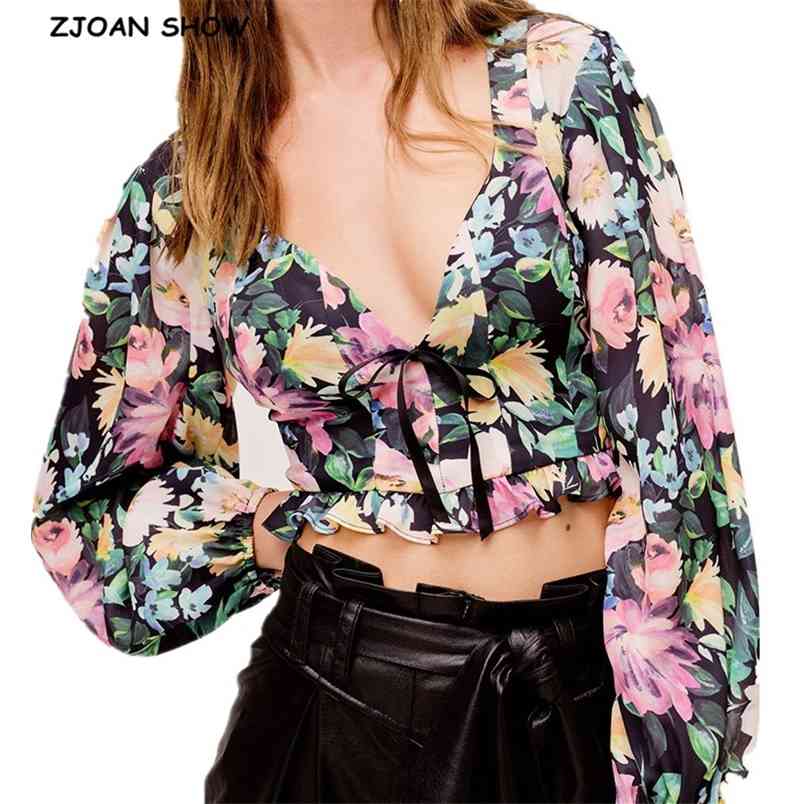 

Stylish Women Sexy Tie bow Front Ruffle Hem Slim Fit Pullover Cropped Shirt High waist Short Blouse French Tops 210429, Black
