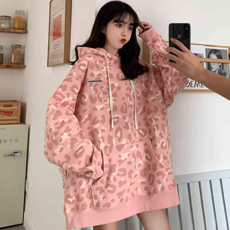 

women's hoodies & sweatshirts leopard print sweater women's autumn and winter pullover loose korean sweater hoodie plush thickened, Black