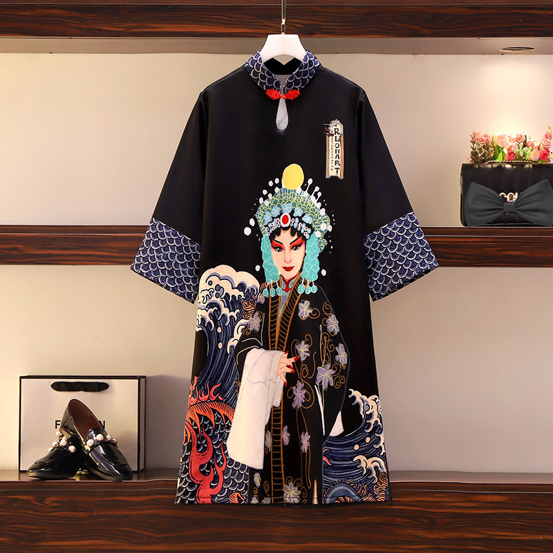 

Chinese Cheongsam Style Ladies Vintage Black Dress Summer Clothes Fashion Loose Modern Peking Opera Print Dresses For Women 210519