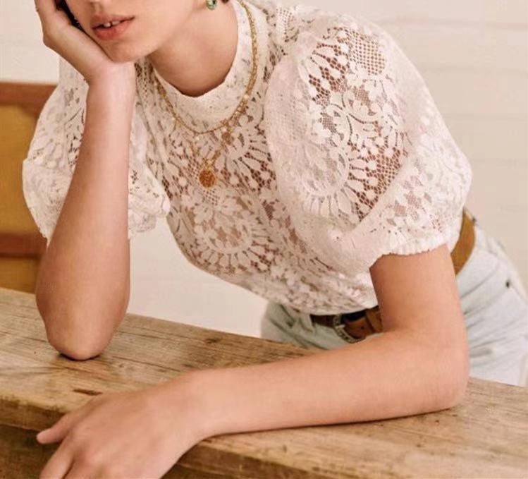 

Women' Blouses & Shirts Women Blouse White Stand Collar Ladies Lace Puff Sleeve Elegant Sweet Shirt And Tops 2021 Spring Summer Female Clot