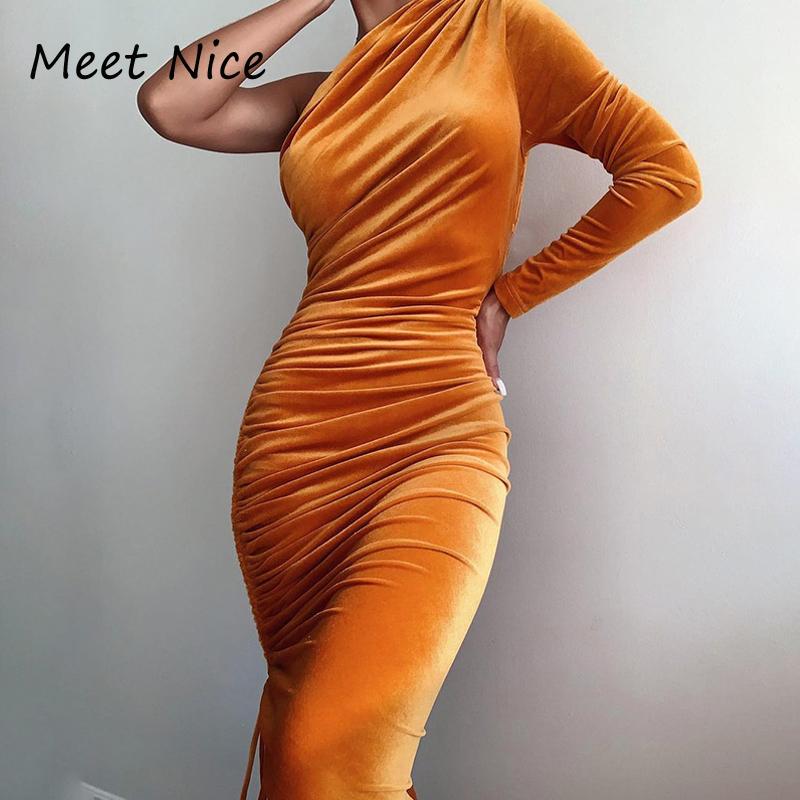 

Sexy One Shoulder Autumn Dress Women Long Sleeve Side Drawstring Pleated Bodycon Can Adjust Length Casual Dresses, Black;gray