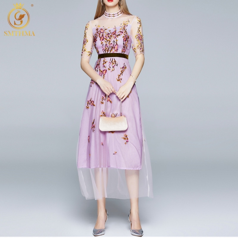 

Arrival Vintage Elegant Mesh Embroidery Dress Women Summer Purple Flower Casual Midi Long Dresses Vestidos 210520, Photo color
