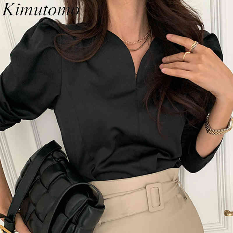 

Kimutomo Simple Chic Blouse Women French Style V-neck Solid Puff Sleeve Shirt Ladies Spring Autumn Outwear Elegant Tops 210521, White