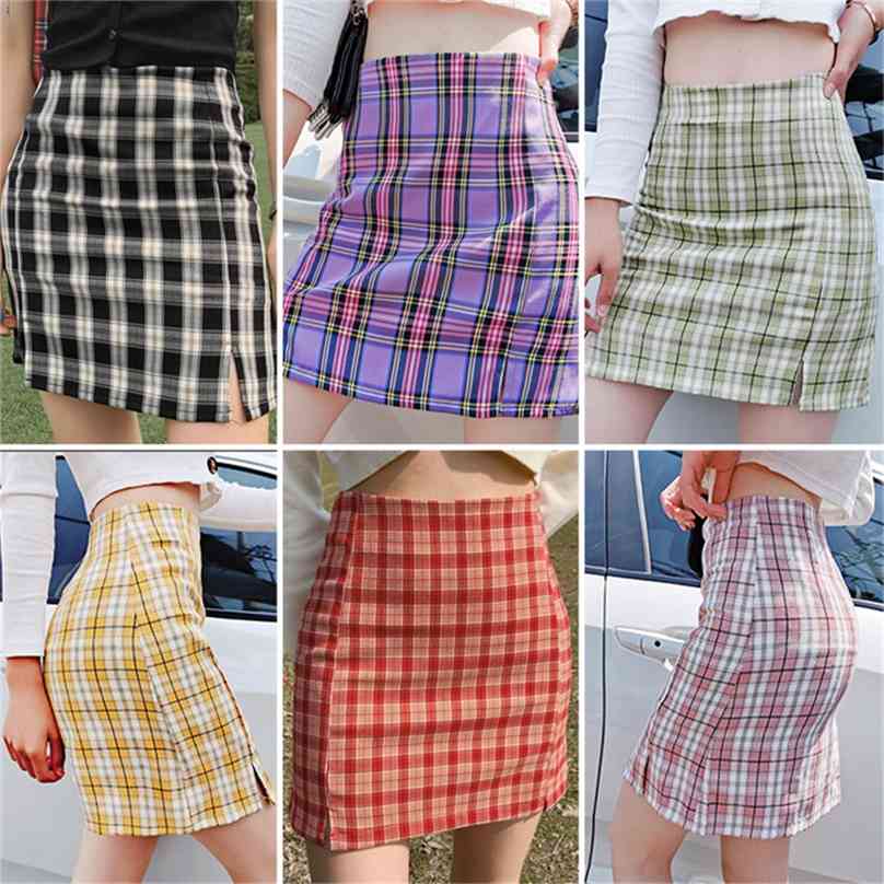 

Vintage Plaid Side Split Bodycon Mini Skirt Women Bottoms Streetwear Casual A Line Basic Ladies Sheath Skirts Jupe Femme 210629, Black