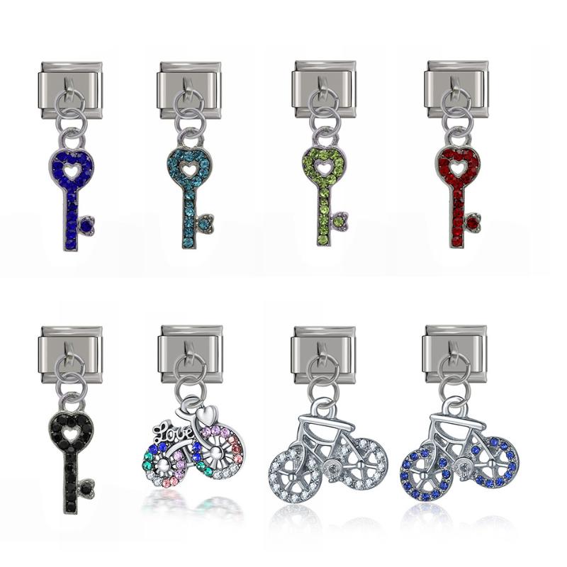 

Charms Fyour 2021 Original Daisy Fashion Key Bicycle Dazzling CZ Charm Links Fit 9mm Bracelet Stainless Steel Jewelry Making DJTop050, Bronze;silver