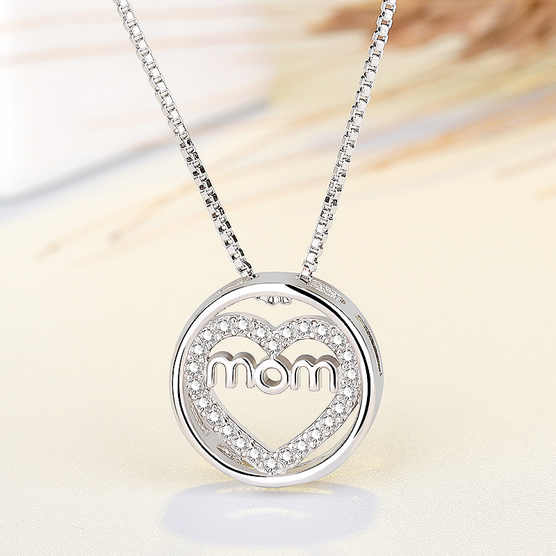 2021 Imitation silver letter mom Korean zircon necklace circle Heart Shaped Pendant Fashion Jewelry for gift-image-703337485