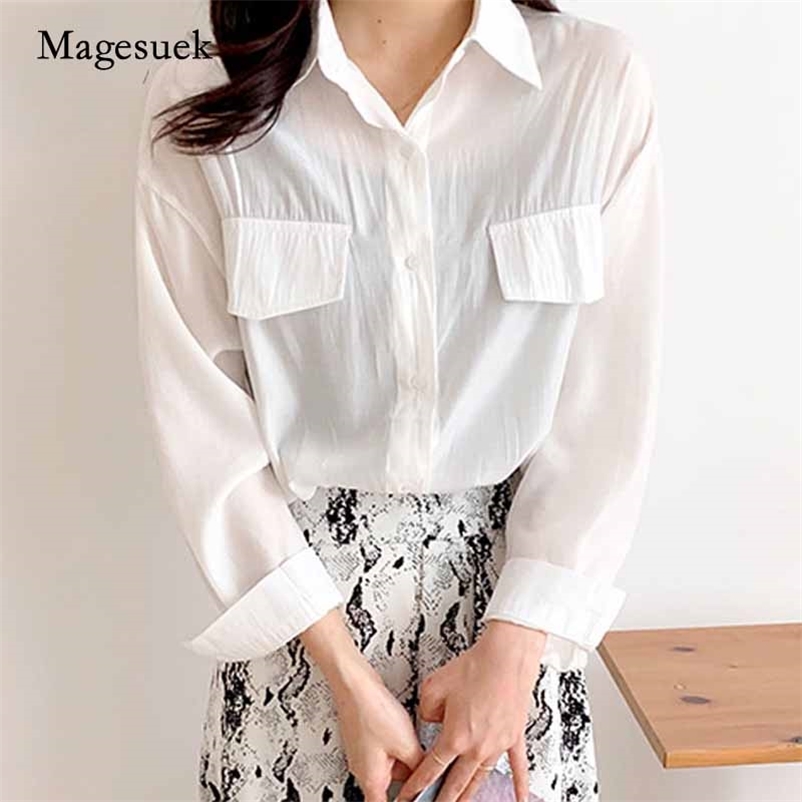 

Summer Vintage Loose Chiffon Blouse Long Sleeve Woman Turn-down Collar Shirt Solid Pocket Chic Lady Clothing Blusas 10008 210518, White