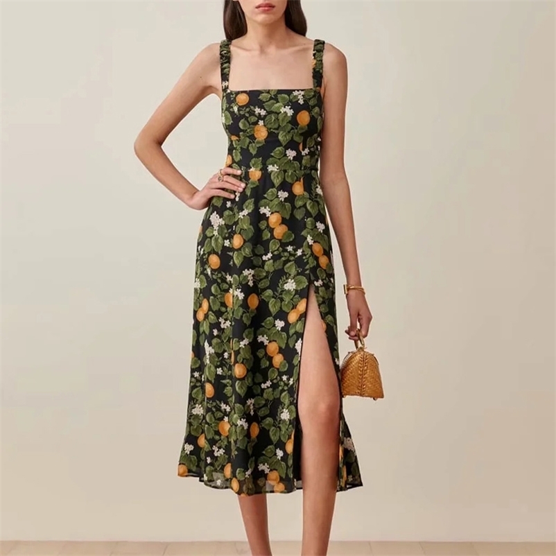 

Summer Women Spaghetti Strap Dress Sexy Long dress A-line suspender print long pleated Beach 210524, Black