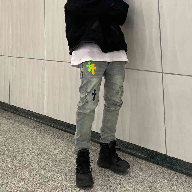 

New cross Ch crosin brand men's fashion stitching print used wash water pierced jeans in spring and summer 2021, Blue