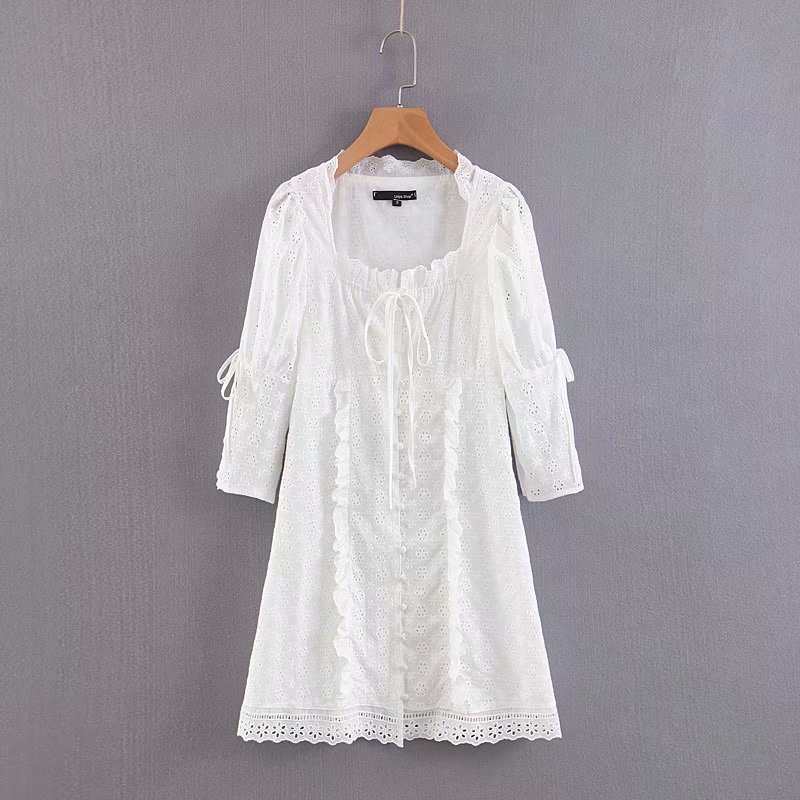 

Stylish Chic Women Embroidery Lace Mini Dress Fashion Girls Lace-Up Three Quarter Sleeve Dresses Casual Vestidos 210520, Blue
