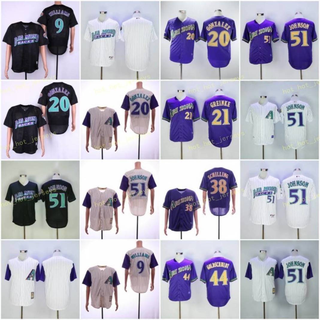 

Throwback 21 FRAZIER 51 JOHNSON 38 SCHILLING 9 WILLIAMS 20 GONZALEZ 44 GOLDSCHMIDT Jerseys Gray purple White Black Vintage Retro Stitched, Men