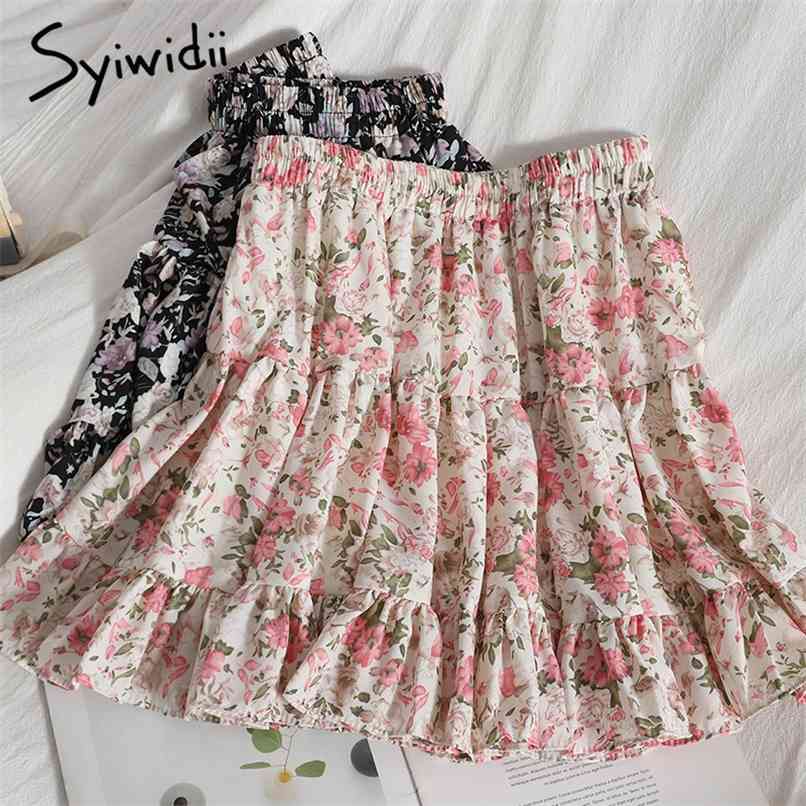

Floral Print Skirt for Women Ruffles Elastic High Waist Ball Gown Summer Fashion Blue White Pink Boho Mini Skirts 210607, 816 white