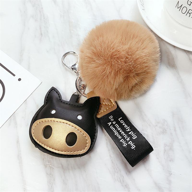 

Keychains Car Leather Cute Pig Pompom Key Chain For Women Bag Keyrings Fluffy Keychain Hanging Animer Trinket Pendant Jewelry