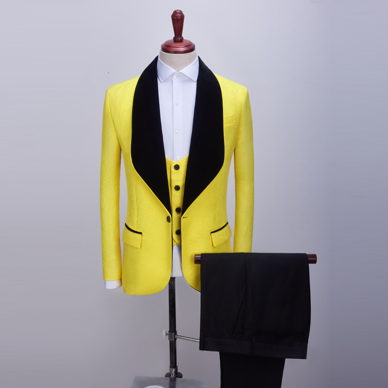 

Men's Suits & Blazers Fine jacquard suit shawl collar for marriage fashion 3 piece prom, Yellow.