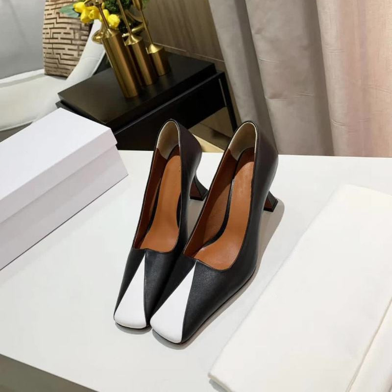 

Ladies Dress Shoes Slip on Square Toe Black White Shoes, As picture