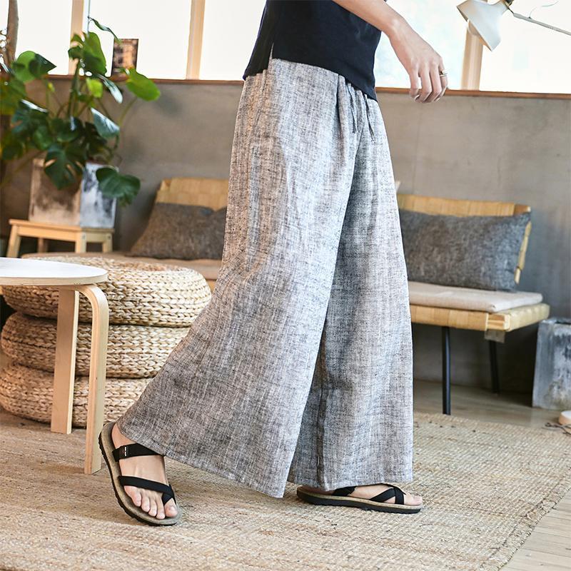 

Man Cotton Linen Wide Leg Pant Men Casual Stripe Straight Trousers 2021 Male Traditional Chinese Style Pants Men's, Blue