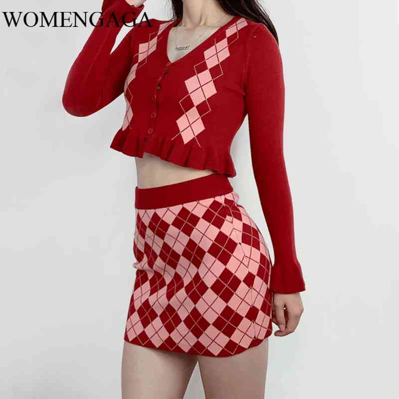 

WOMENGAGA Autumn Women Button Front Argyle Cropped Knit Cardigan And Mini Skirt Sexy Girl Female Set 0I3I 210603, Navy