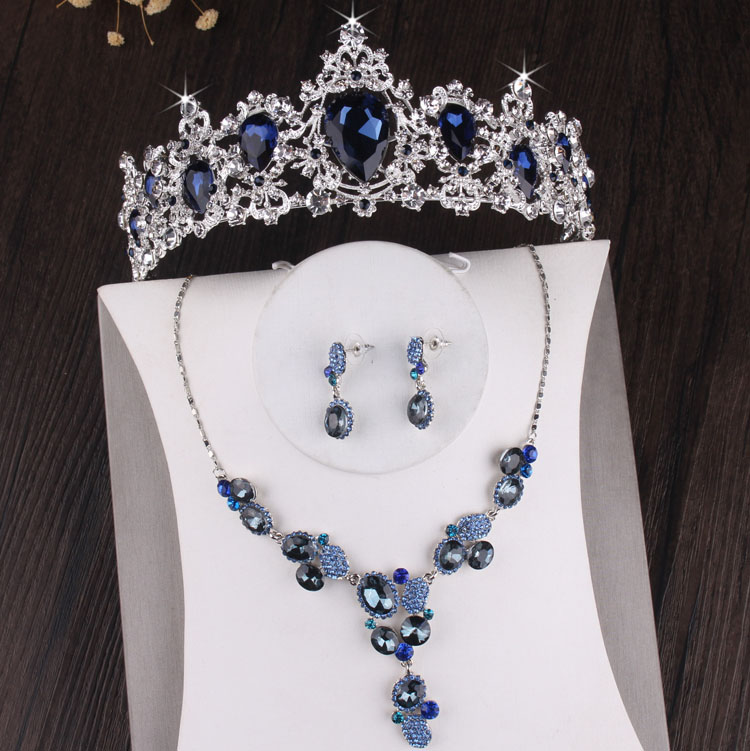 

Baroque Luxury Silver Plated Blue Crystal Bridal Jewelry Sets Necklace Earring Tiara Crown Set Wedding African Beads Jewelry Set