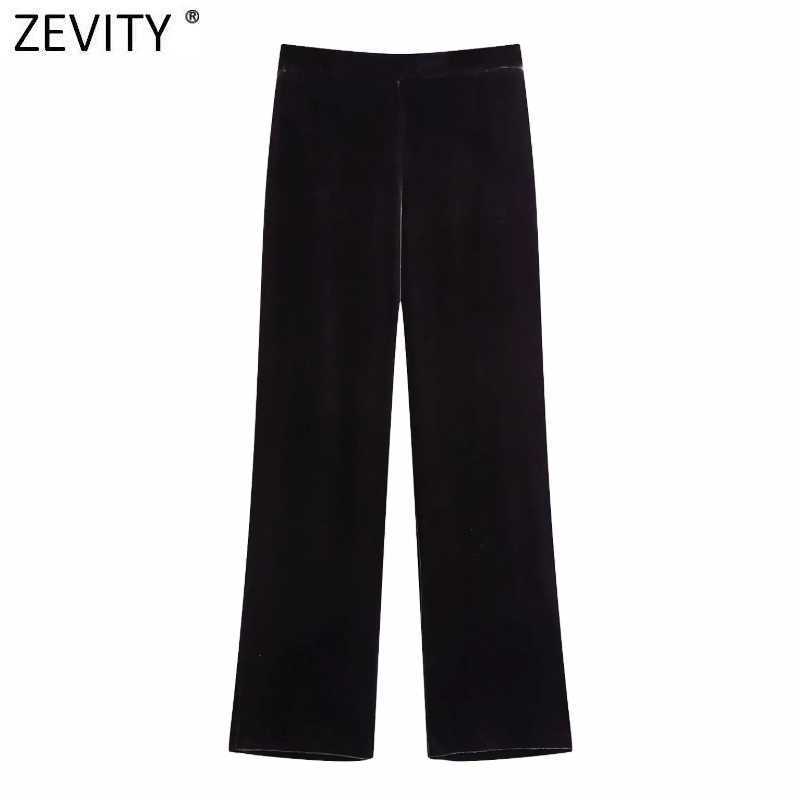 

Zevity Women Vintage Solid Color Velvet Straight Pants Female Chic Elastic Waist Pockets Casual Slim Long Trousers P987 210603, As pic p987bb