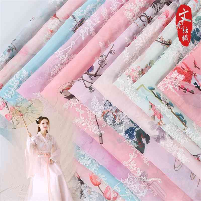 New 75D Chiffon embroidery printed Chinese style Hanfu dress antique shirt fabric-image-700208406