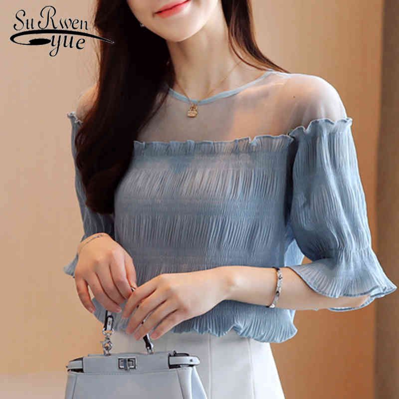 

Women Blouses Summer Blusas Mujer De Moda Chiffon Shirt Short Sleeve Korean Solid Mesh Top Fashion Elegant Clothes 8981 50 210521, Blue