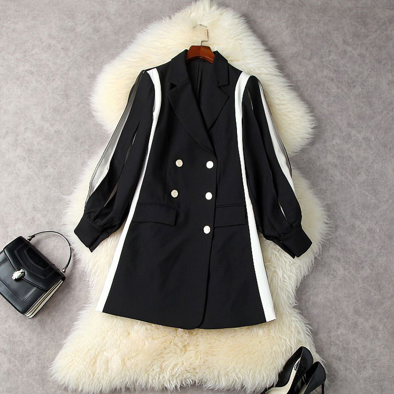 

2021 Fall Autumn Long Sleeve Notched-Lapel Black White Contrast Color Panelled Double-Breasted Blazers Dress Elegant Casual Dresses 21G3012602