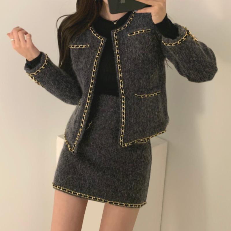 

Women' Tracksuits Autumn Winter Women Korean Wool Blends Two Piece Set Elegant O-neck Double Pockets Slim Fit Jacket + Panelled Bodycon Ski, Black