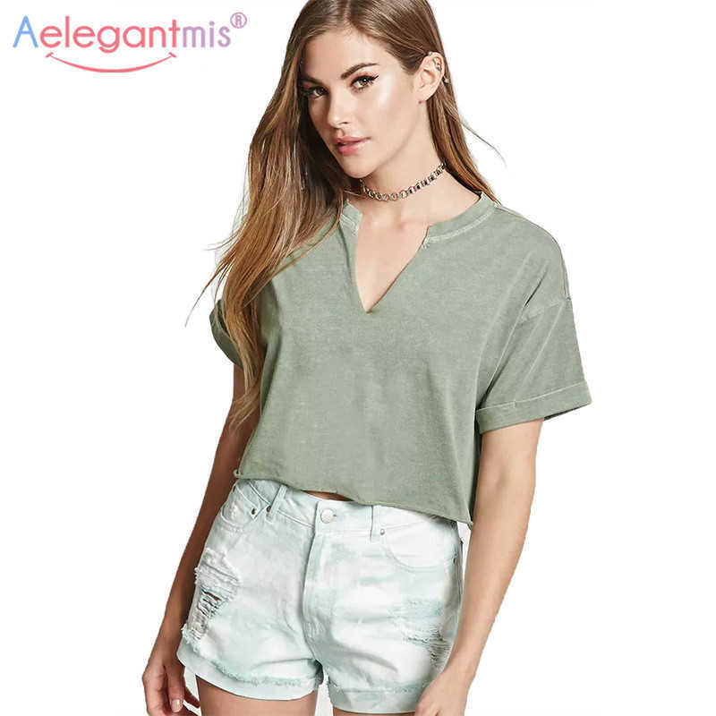 

Aelegantmis Summer Cotton V Neck Women Short Crop Tops Loose Sleeve Tshirt Female Simple Casual T Shirt Ladies Solid 210607, White