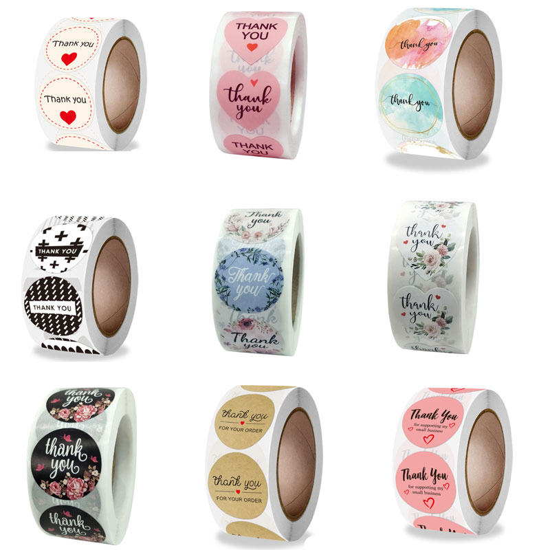 

35 Styles 500pcs Roll 1inch Thank you Gift Flower Print Adhesive Stickers Festival Birthday Party Decoration Baking Label