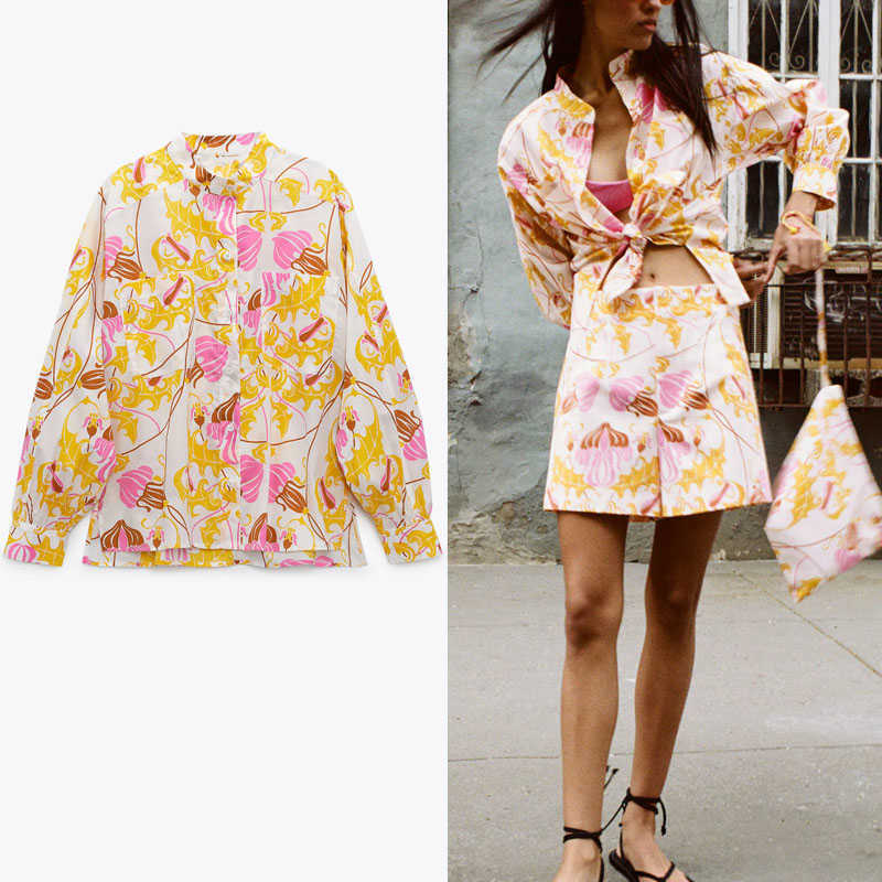 

Za Vintage Print Summer Shirt Women Long Sleeve Button Up Fit Blouse Fashion Side Zip Back Pleated Woman Casual Shirts Top 210602