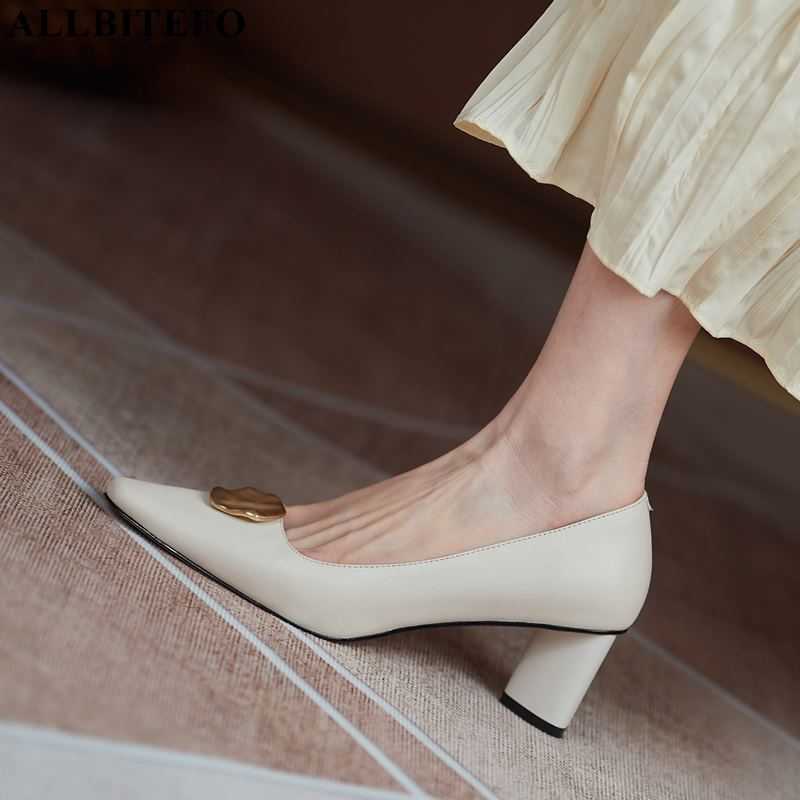 

ALLBITEFO Metal design real genuine leather women high heels pumps fashion sexy women heels high heel shoes party wedding shoes 210611, As picture