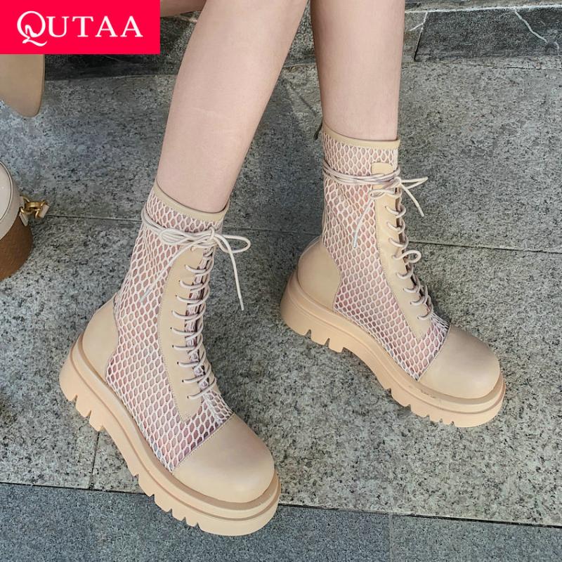 

Boots QUTAA 2021 Square High Heel Lace Up Zipper Mid Calf Female Microfiber Mesh Cool Round Toe Women Shoes Size 34-43, Black