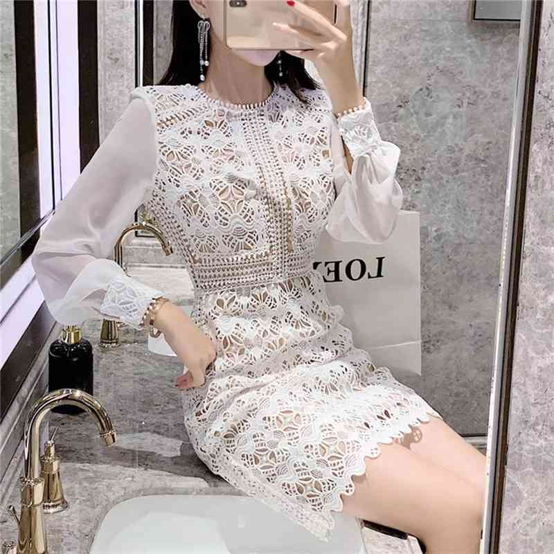 

Chiffon Patchwork Lace Dress Female Long Sleeve High Waist Chic Dresses Women 's Autumn Vintage Clothes 210520, Photo color