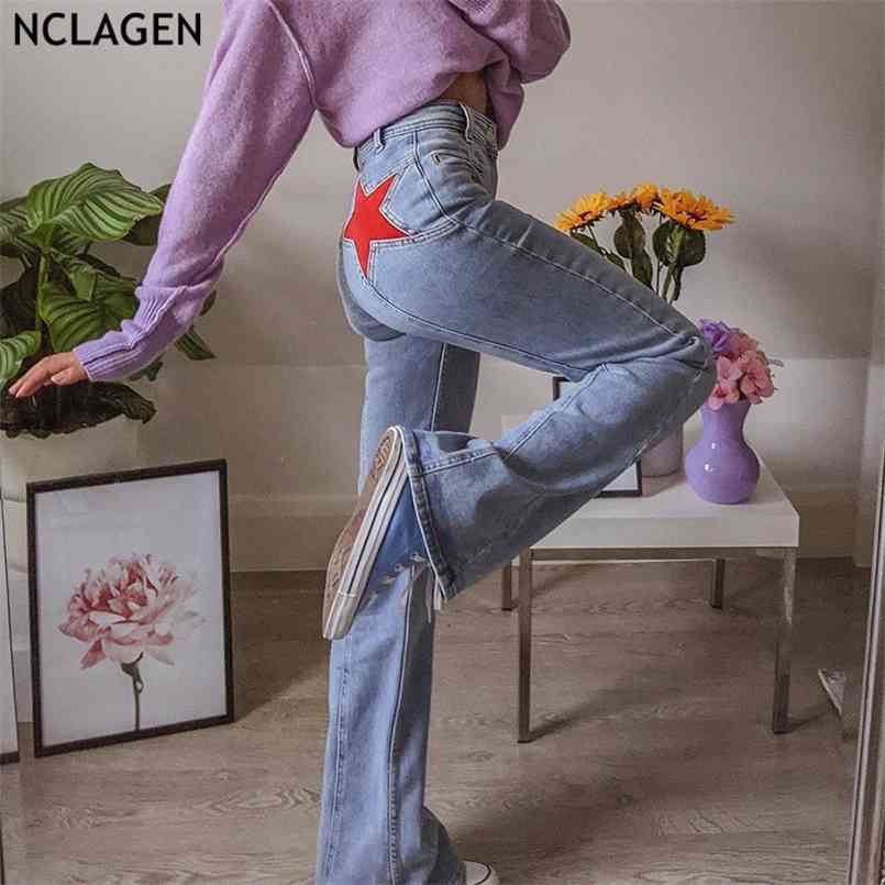 

NCLAGEN Buttock Pentagram Patchwork Women Casual Flare Jeans Pants Street Fashion Vintage Elegant Disco Denim Trousers 210720, Blue