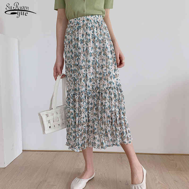Joupes de mousseline florale de style coréen Femmes Femmes élastiques Robe A-ligne plissée Long Jupe Femme 9192 210508