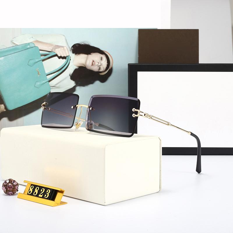 

Sunglasses + G Design Lady Square Transparent Lens Rimless Female Oculos Gradient Driving Glasses