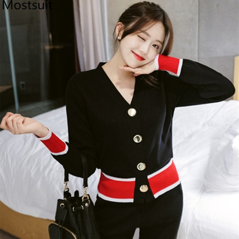 

Autumn Knitted 2 Piece Pants Suits Sets Women Long Sleeve V-neck Cardigans + Wide Leg Casual Fashion 2 Pcs 210518, Black