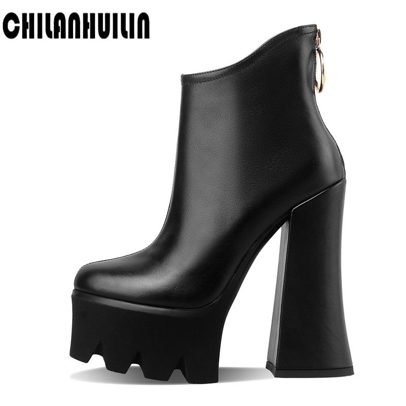 

Punk Style Genuine Leather Ankle Boots For Woman Zip Chunky High Heels Thick Platform Pumps Autumn Winter Shoes, Black