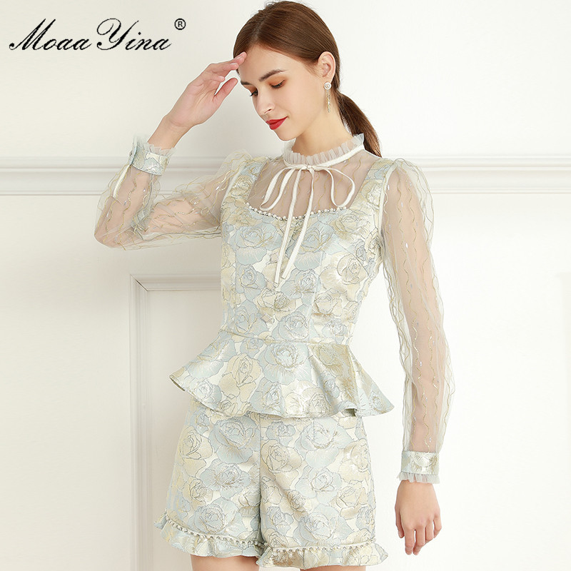 

Fashion Set Spring Women's Long sleeve Ruffles Blouses Tops+Beaded Jacquard shorts Two-piece set 210524, Turquoise