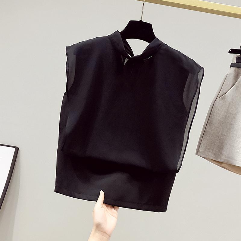 

Women' Blouses & Shirts Summer Temperament Soft Skin-friendly Stand-up Collar Was Thin Chiffon Shirt Back Tie Bow Blouse, Black