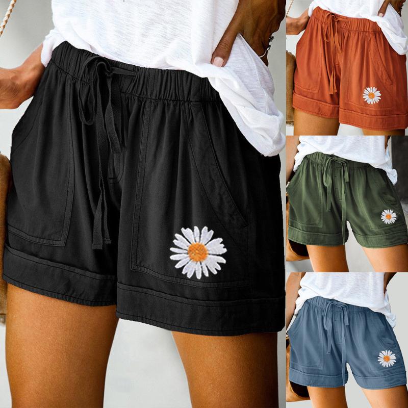 

Womens Daisy Embroidery Shorts Summer Drawstring Elastic Waist Pockets Short Pants 2021 Casual Female Beach Pantalones Women, Black