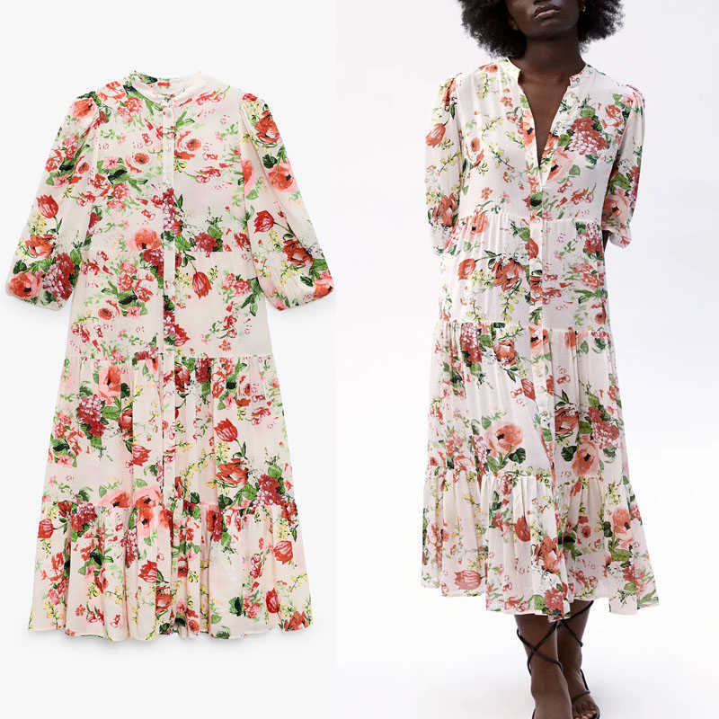 

Za Floral Print Elegant Long Dress Women Puff Sleeve Ruffled Hem Vintage Summer Dresses Female Button Up Cottagecore Dress 210602, As picture