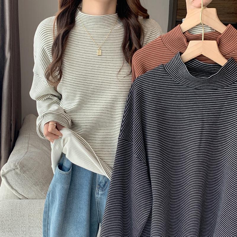 

Women's Hoodies & Sweatshirts Half-high Collar Inner Wear Sweatshirt Women Autumn Winter Korean Loose Striped Long-sleeve Basic Top Ins, Black