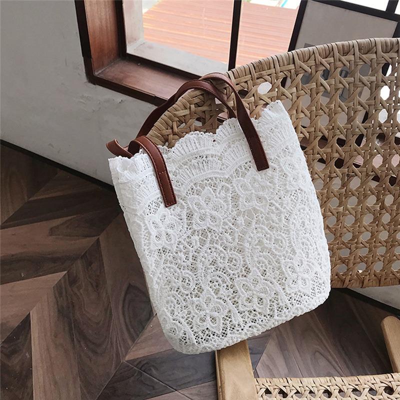 

Leisure Bucket Messenger Bag Large Capacity Lace Patchwork Floral Female Handbag Fashion Lady Shoulder Bags, White