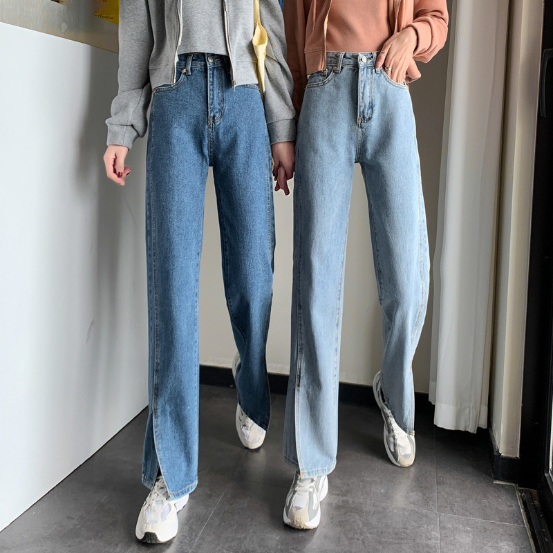 

Women Denim Trousers Wide Leg Split High Waist Female Jeans Pants Solid Loose Casual Pockets Zippers Spring Laides Bottom 210518, Light blue