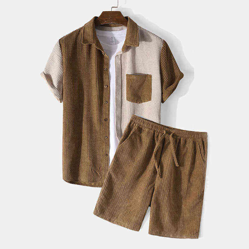 

Men's Corduroy Sets Summer Patchwork Short Sleeve Lapel Button Solid Color Shirts & Shorts Streetwear Men's Clothing Suits S-3XL H1208, Brown